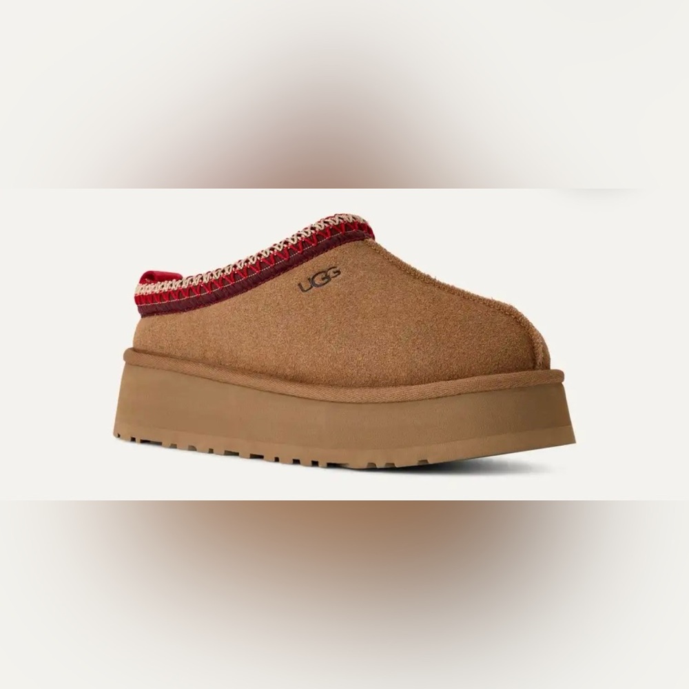 UGG Tan Suede Slippers with Red Accents